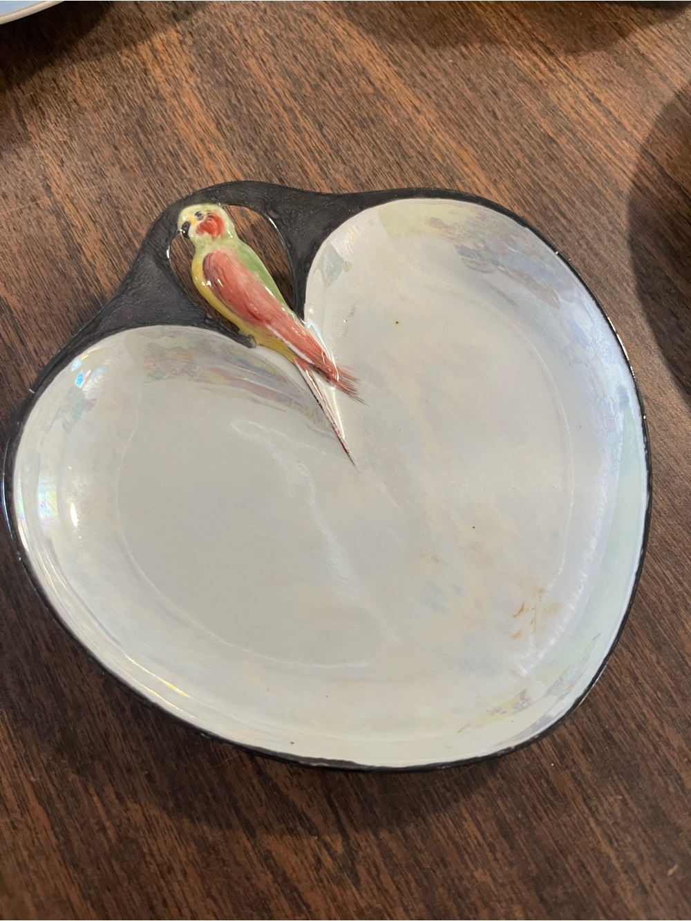 Noritake White Heart Dish with Pink and Green Parrot Accent
